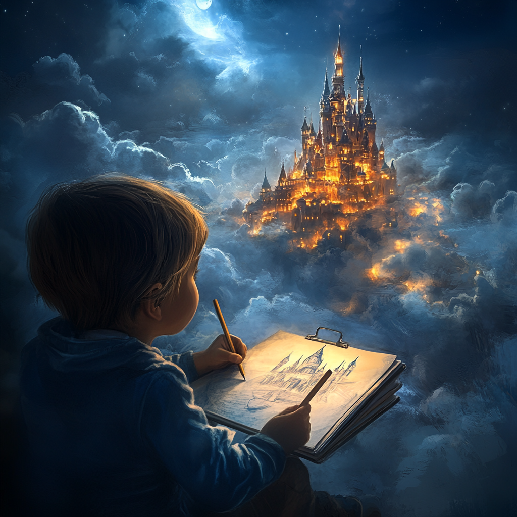 A boy drawing imagined castles in the sky